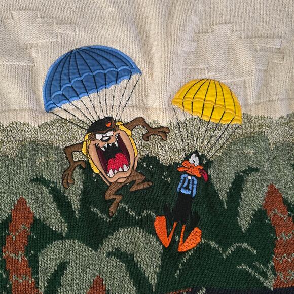 VTG 90s St Michael Looney Tunes Novelty Sweater Taz & Daffy Parachute Sz S Rare - Picture 3 of 8